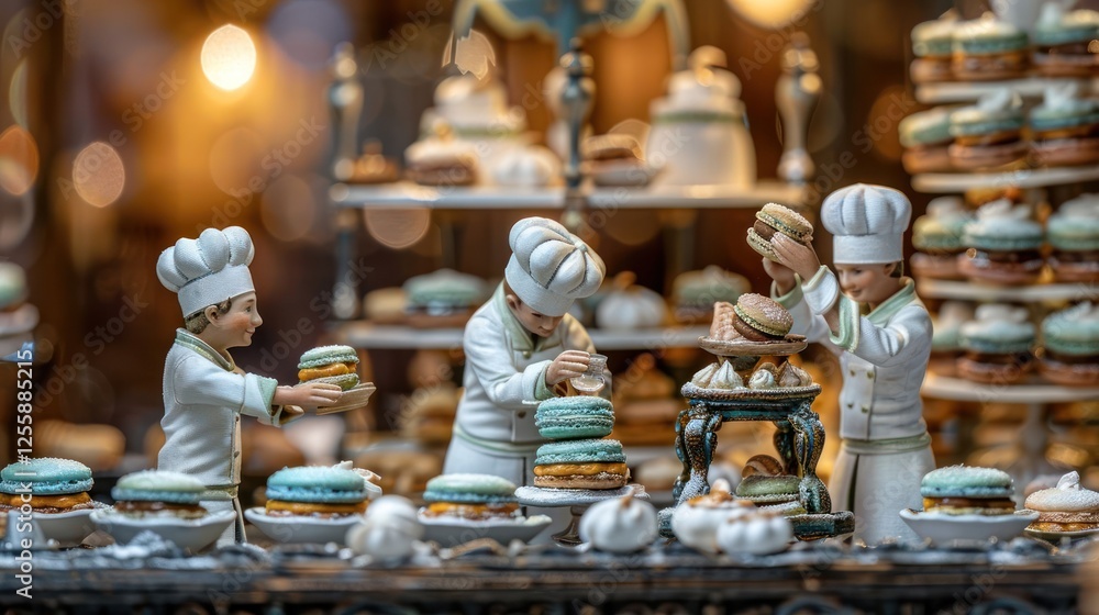 Aufkleber a whimsical display of miniature chefs preparing colorful macarons in a bakery setting.