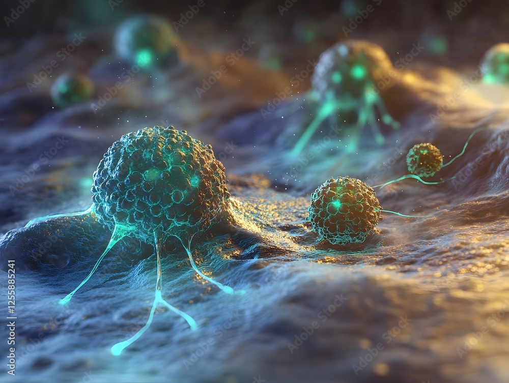 Poster Abstract Close-up of Microorganisms with Glowing Structures in Fluid