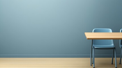 Minimalist Workspace with Blue Wall and Wooden Table Surrounded by Modern Chairs in Bright Setting