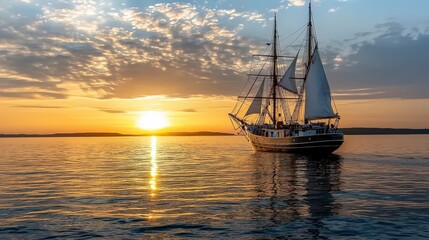 Fototapeta premium Sailboat gliding at sunset over calm waters serene nature scene tranquil bay landscape photography
