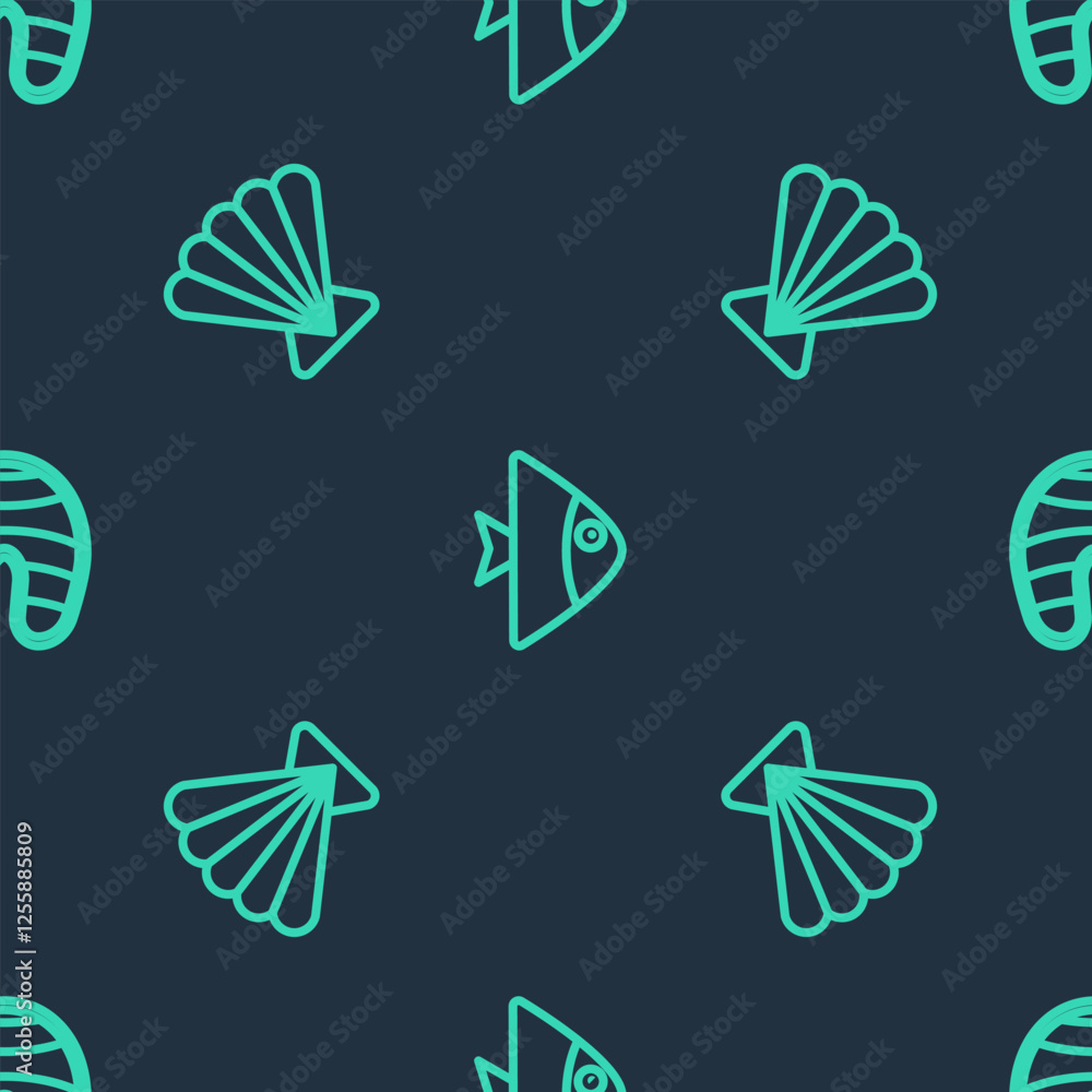 Poster set line fish, scallop sea shell and steak on seamless pattern. vector