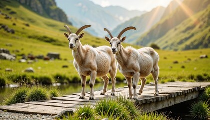 Obraz premium Two goats on wooden bridge, curious mood, in mountainous landscape, natural light and scenery