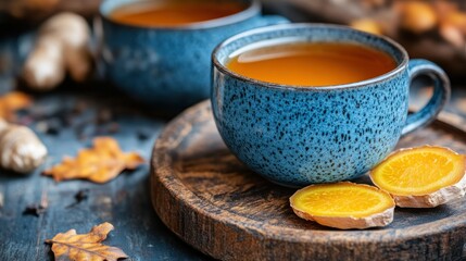 Autumnal ginger tea, rustic setting, cozy drink, fall leaves