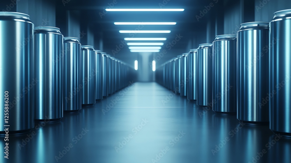 Aufkleber a futuristic corridor lined with metallic batteries, illuminated by bright lights, creating a sleek 