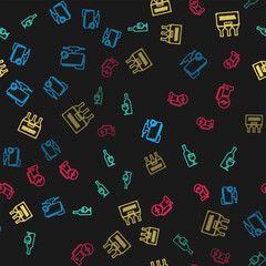 Set line FTP sync refresh, Wine bottle with glass, Bottles of wine box and Electric car on seamless pattern. Vector