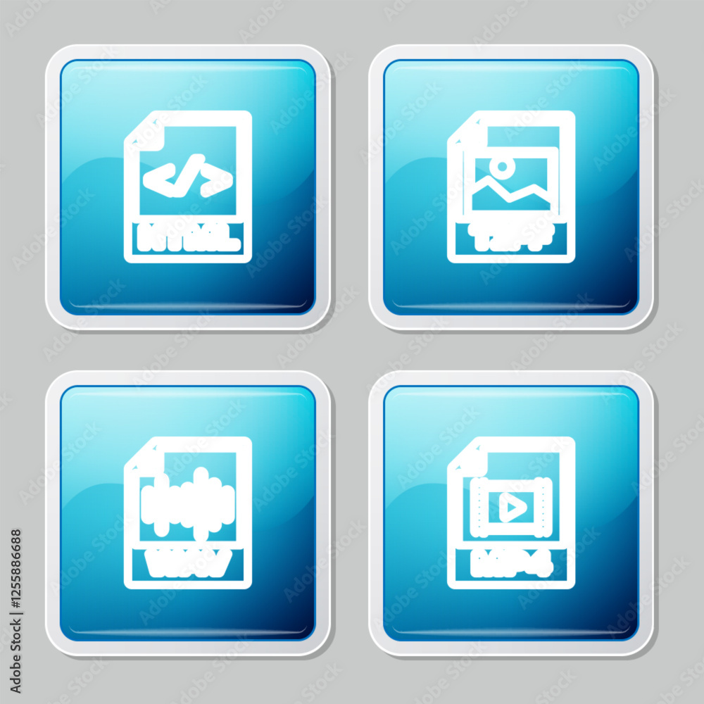 Aufkleber set line html file document, tiff, wav and mp4 icon. vector