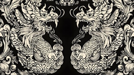 Intricate decorative pattern, symmetrical ornate design featuring mythical creatures, ideal for art projects or textiles.