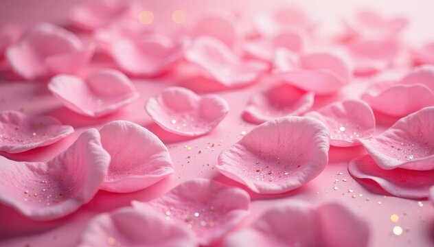 Glittering rose petals on a pastel pink background, sparkle, pastel pink, soft glow