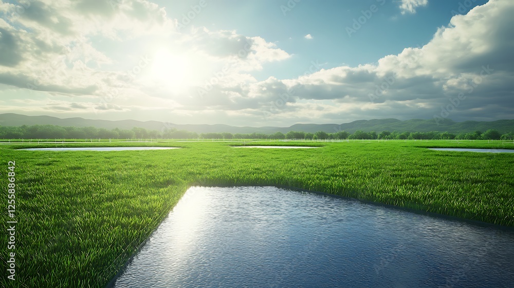 Aufkleber a serene landscape featuring a lush green field with shallow water pools reflecting a bright sky and