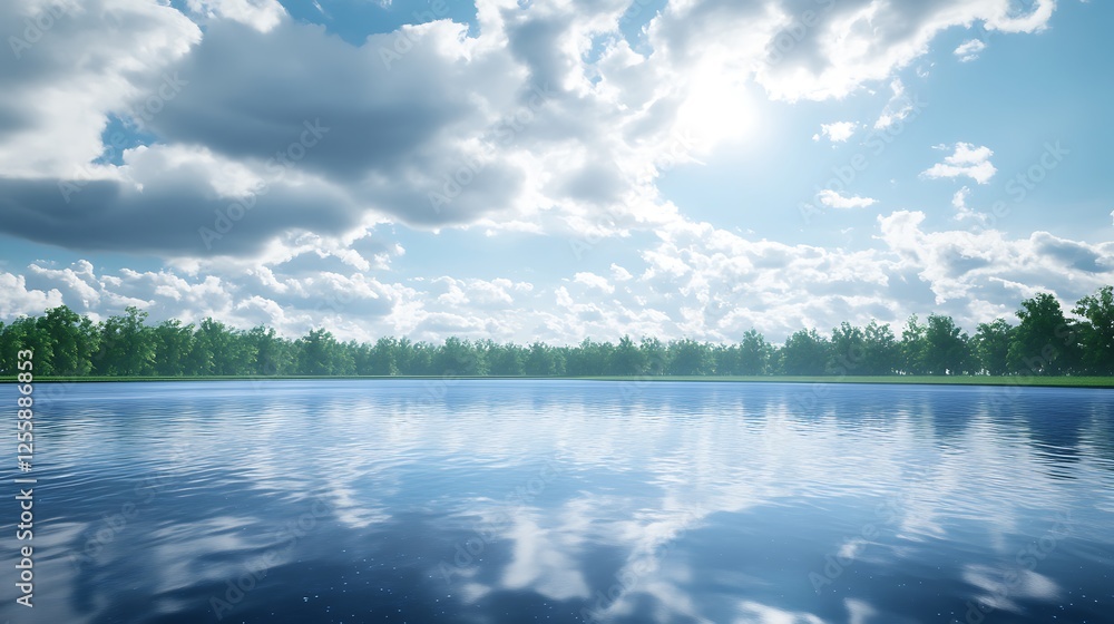 Poster a serene landscape featuring a tranquil lake, surrounded by lush greenery and a sky filled with fluf