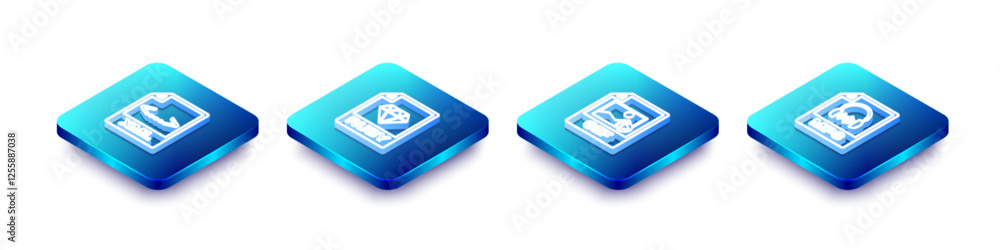 Poster set isometric line xml file document, ruby, gif and mp3 icon. vector