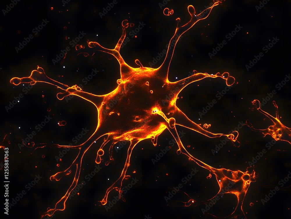 Poster vibrant orange cell with extensions illuminated against dark background