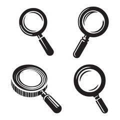 Magnifying Glass Vector Illustrations Black Silhouette Isolated on White Background