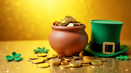 Lucky pot of gold, shamrock, and green leprechaun hat on a golden background for St. Patrick’s Day.