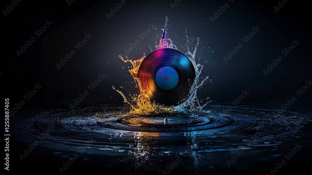 Poster dynamic vinyl record splashing water studio setting photography artistic vibes close-up view music c
