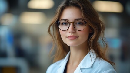 25 year old woman with glasses, brown hair dressed in a lab coat, portrait photography, close up