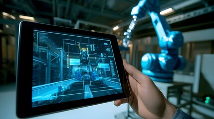 Tablet displays industrial manufacturing system with robotic arm in background