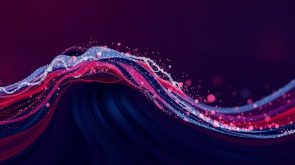Rich burgundy and deep blue digital sketch, dynamic abstract wave with glowing particles.
