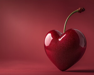 A purple heart-shaped cherry on the right side of an empty background, with a red color scheme. Valentine's day banner with copy space. Healthy lifestyle and food idea advertising banner
