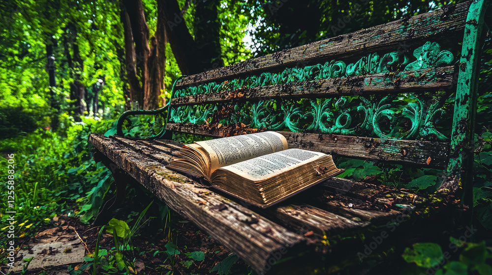 Poster an open book resting on a weathered bench surrounded by lush greenery in a serene park
