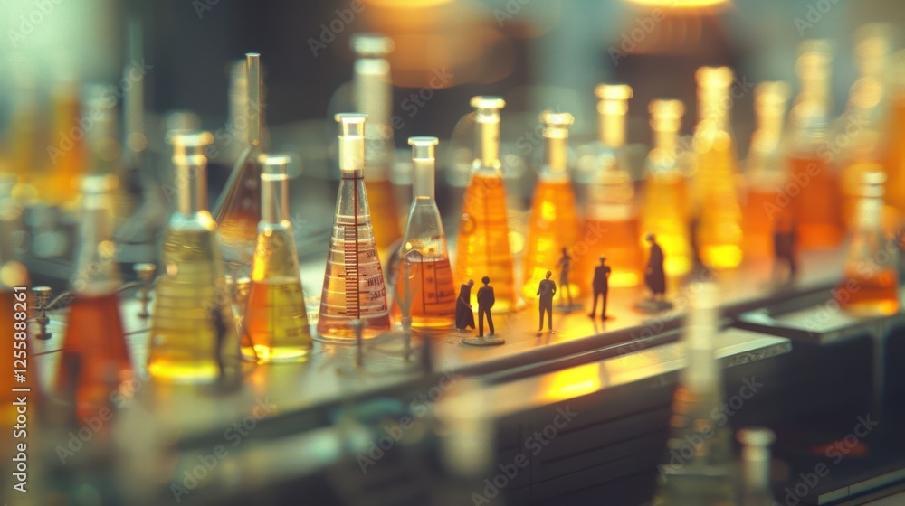 Poster a close-up of laboratory flasks filled with colorful liquids and miniature figures.
