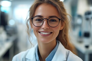 Fototapeta premium A confident female scientist smiling in a modern, bright laboratory 