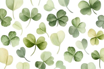 Fototapeta premium Beautiful watercolor clover leaves in various shades of green, perfect for St Patrick s Day designs and seasonal celebrations