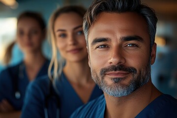 Obraz premium man looking satisfied into the camera, with a group of nurses standing behind, appearing relieved. 