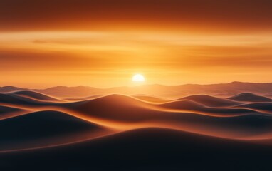 A picturesque sunrise view from a mountaintop, with layers of mist rolling over the hills and the sun casting golden light across the landscape