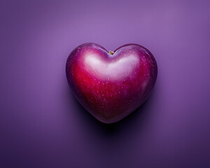 Fototapeta premium Heart-shaped plum on a purple background, symbolizing love and affection for Valentine's Day. Flat lay. Healthy lifestyle and food idea advertising banner