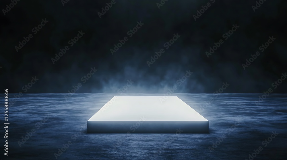 Aufkleber A glowing rectangular platform emits light in a dark, misty environment, creating a mysterious and futuristic atmosphere.