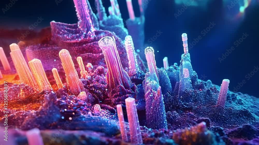 Poster microscopic coral reef structures are growing and glowing in a vibrant ecosystem, illuminated by col