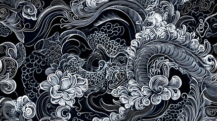 Intricate abstract design, swirling dark patterns with white accents, suitable for artistic projects or bold backgrounds.