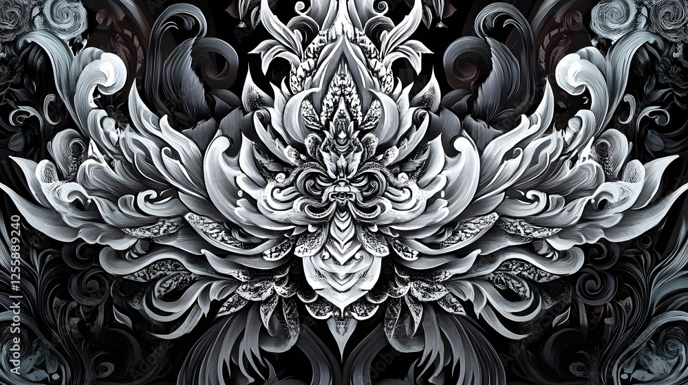 Poster intricate metallic design, abstract artwork with fluid shapes and sharp contrasts, suitable for mode