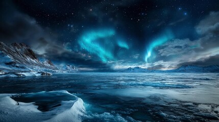 Fototapeta premium Majestic northern lights over icy waters arctic region landscape photography nighttime serenity wide-angle perspective