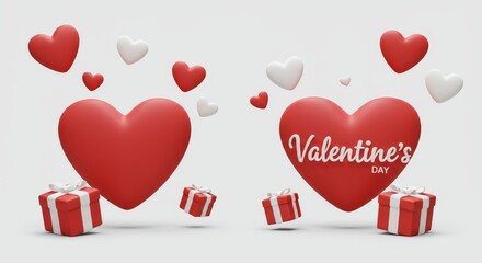 Floating Hearts Valentine's Day Gift Boxes - Red and white hearts float around two large red hearts, each with presents below. Symbolizing love, romance, gifting, celebration, and Valentine's Day.