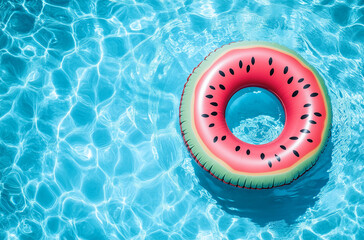 Floating watermelon pool float in clear blue swimming water
