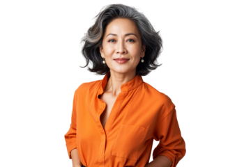 Portrait of a smiling old lady posing with casual clothes, isolated on transparent background