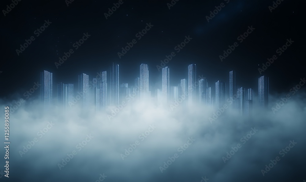 Poster a futuristic cityscape emerges from a dense fog, illuminated by ethereal lights, creating a mysterio
