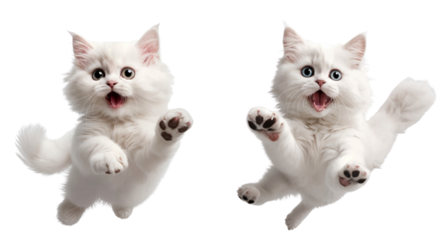 Two white kittens jumping isolated on transparent background