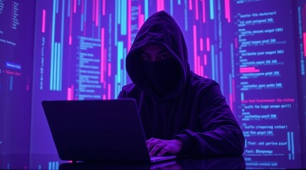  Deep ultraviolet hues, a mysterious hacker in a dark hoodie, face obscured, typing on a sleek laptop.