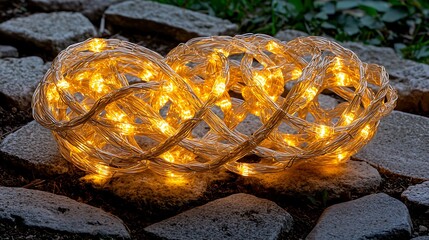 Warm Yellow String Lights Nestled on Stones