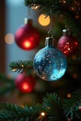 Fototapeta premium Glittering tree lights reflected in crystal ornaments, holiday, light