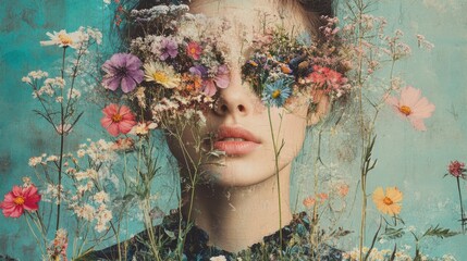 Contemporary art collage of a woman, flowers hiding her eyes, modern and vibrant portrait