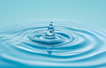 A clear blue water drop splashes, rippling the liquid surface