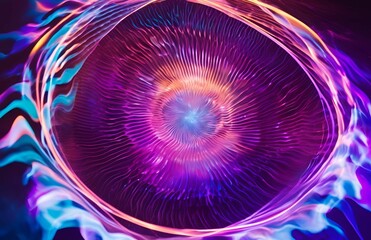 A bright blue fractal swirl of light and energy creates a vibrant abstract design