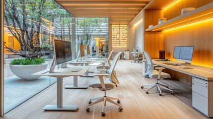 Modern office interior with computers, courtyard view, and warm lighting