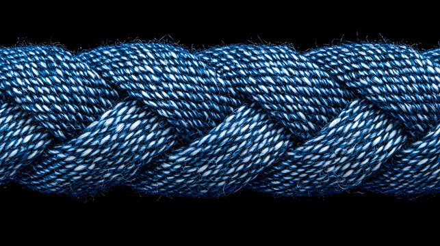 Detailed Close-Up of Blue Braided Rope Against Black Background