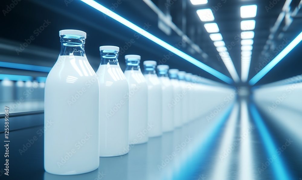 Poster a row of glass milk bottles on a conveyor belt in a modern processing facility, illuminated by brigh