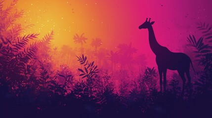 Giraffe silhouetted against a vibrant sunset in an African savanna landscape